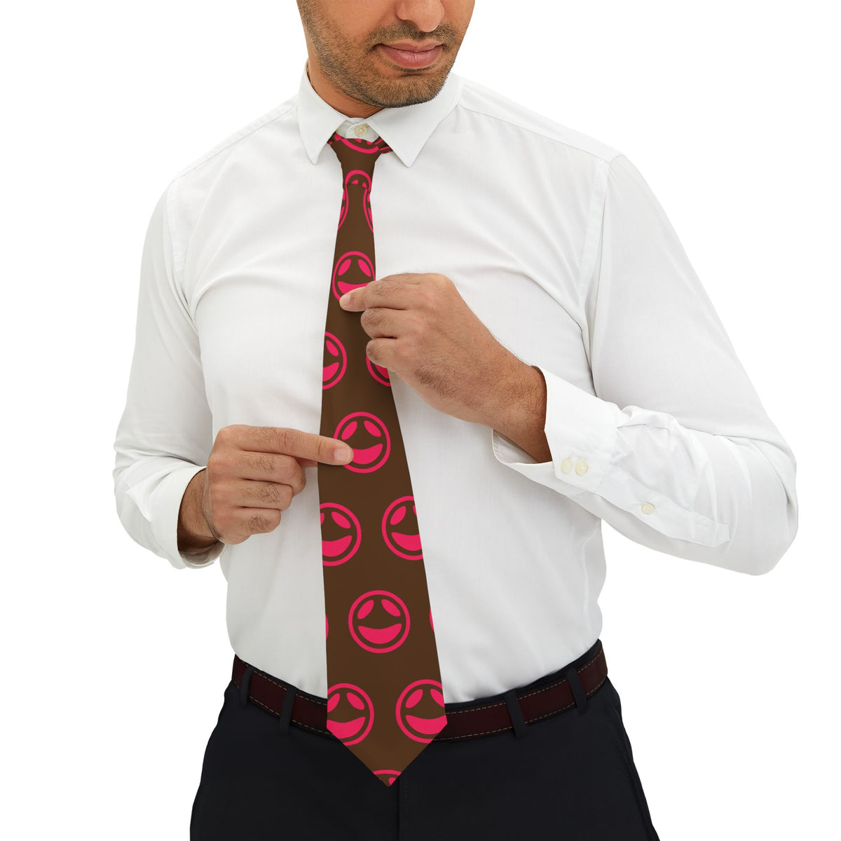 Slim brown necktie with repeating small smiley dot pattern