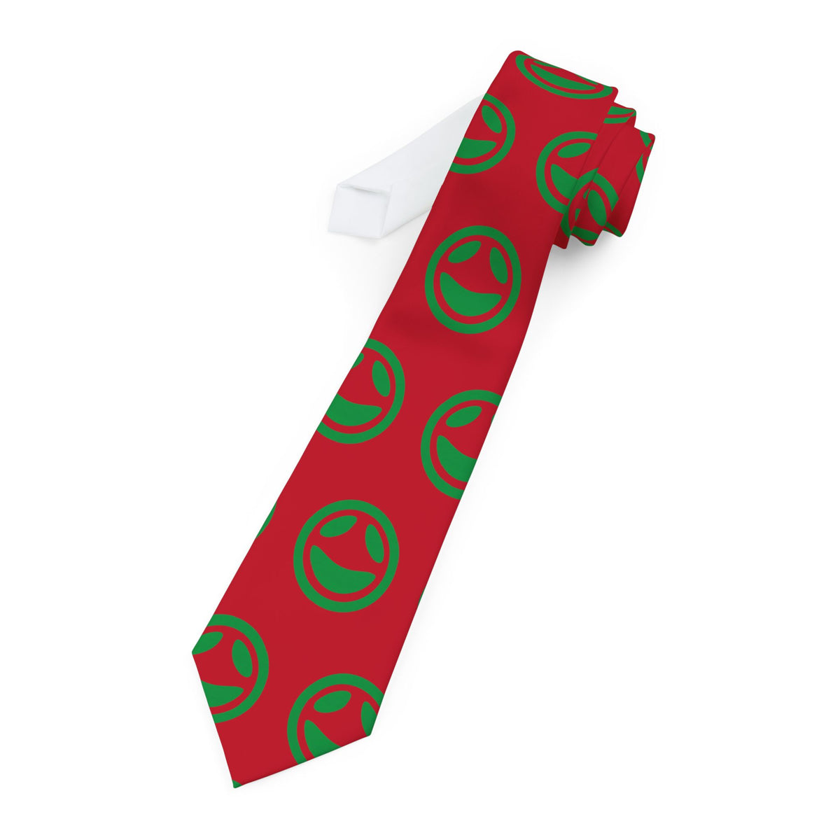 Slim red necktie with repeating small smiley dot pattern, alternate view