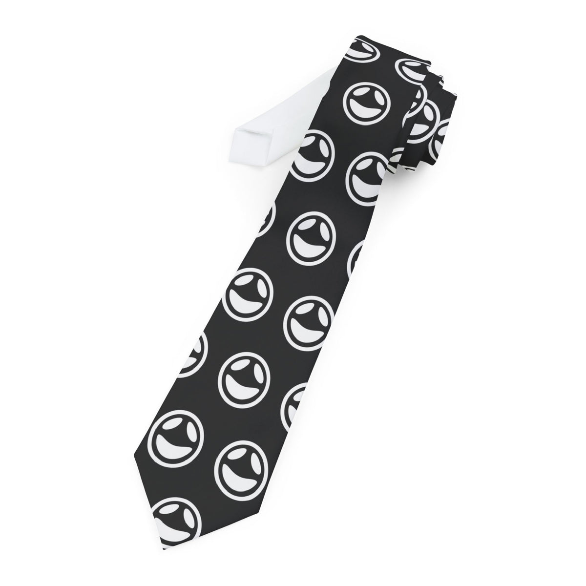 Slim black necktie with repeating small smiley dot pattern, alternate view