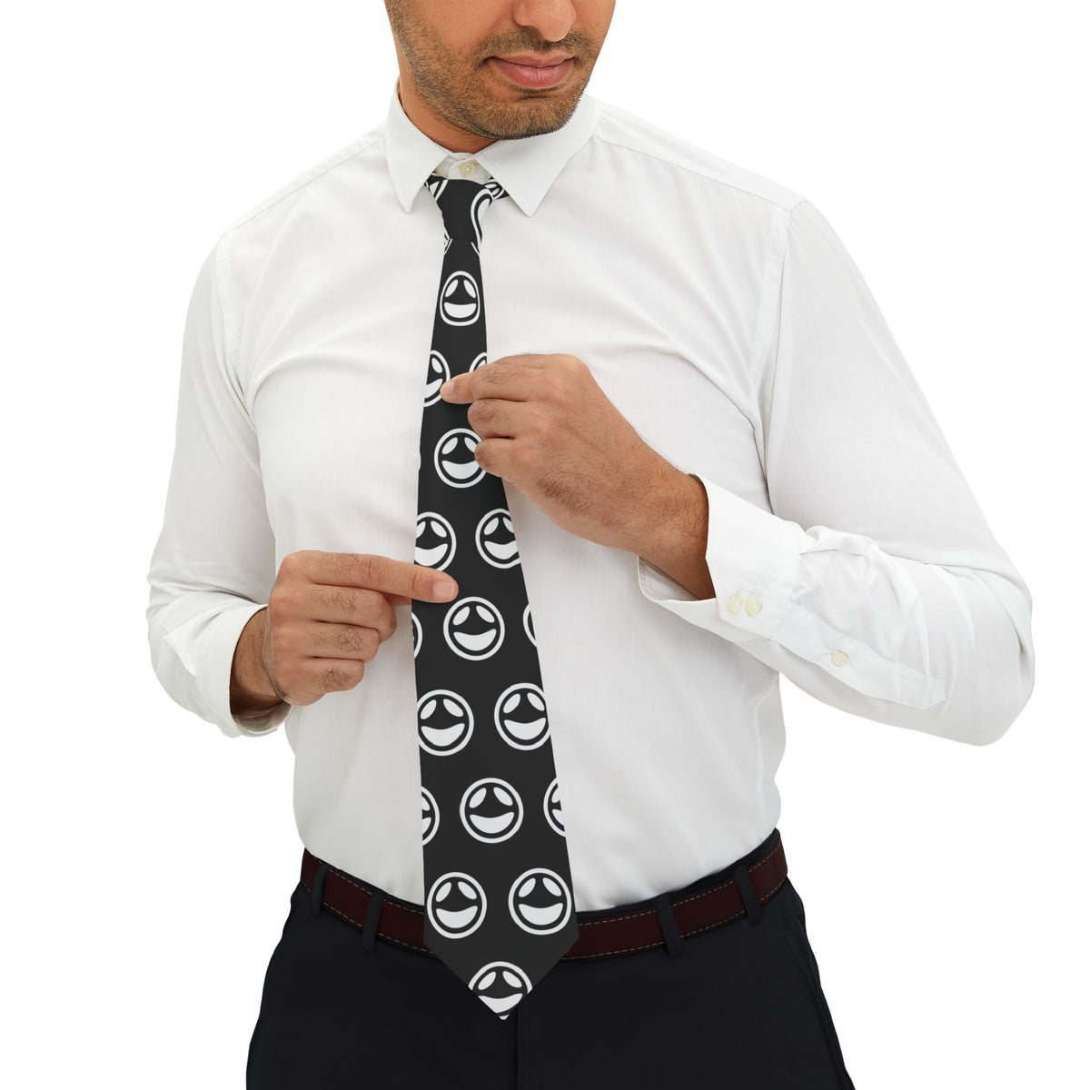 Slim black necktie with repeating small smiley dot pattern, alternate view