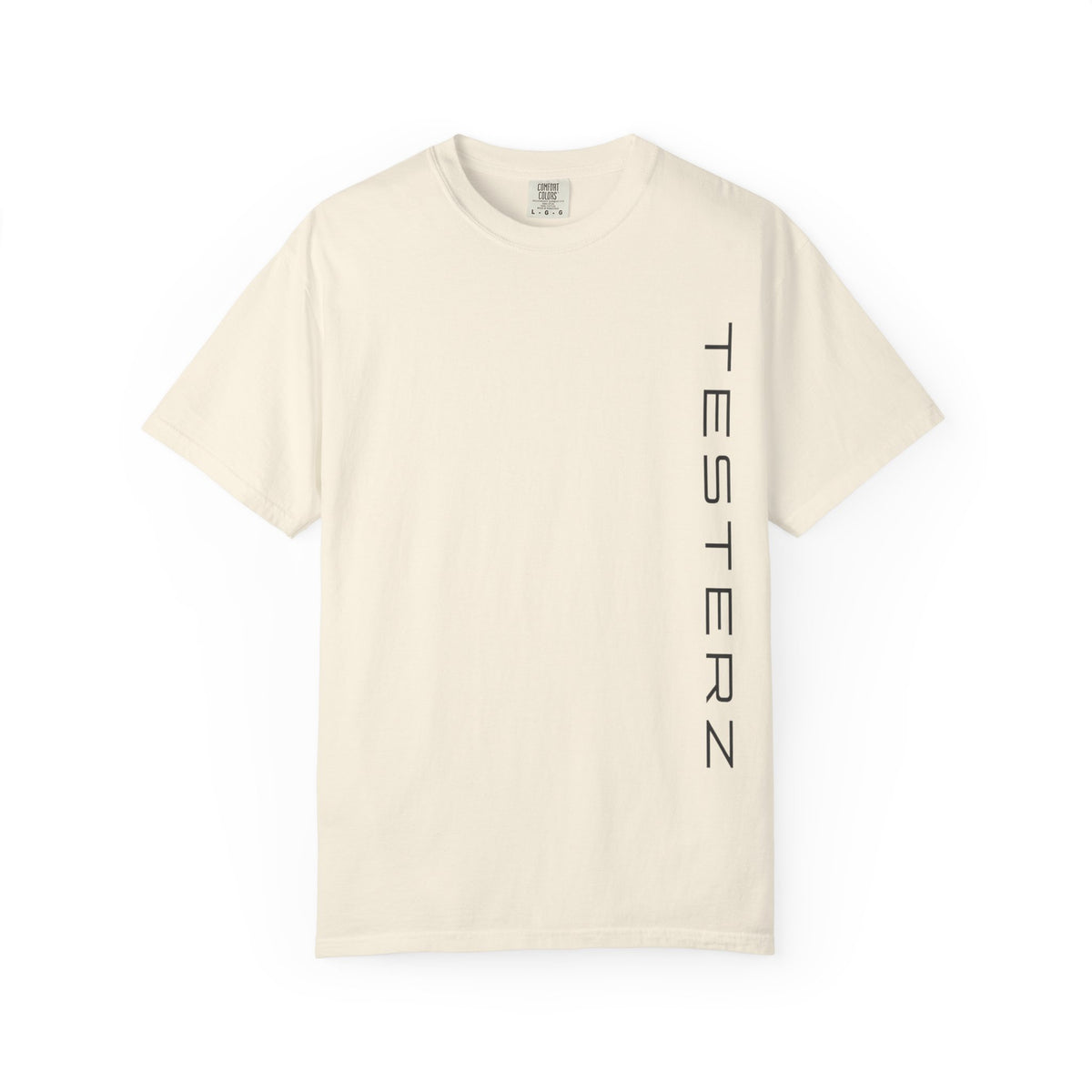 Heavyweight tee with a small green Testerz Face on the chest, alternate view