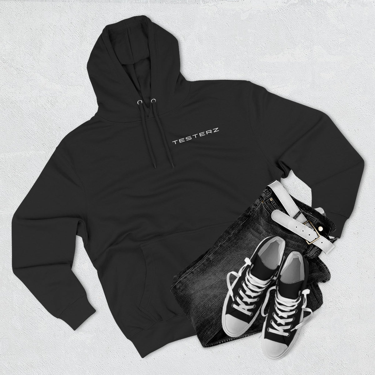 Black fleece hoodie with Testerz Face print on the back, alternate view