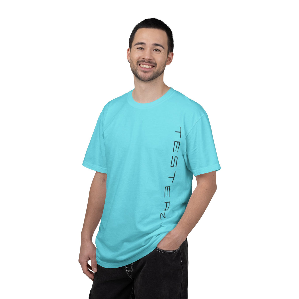Heavyweight tee with a small green Testerz Face on the chest, alternate view