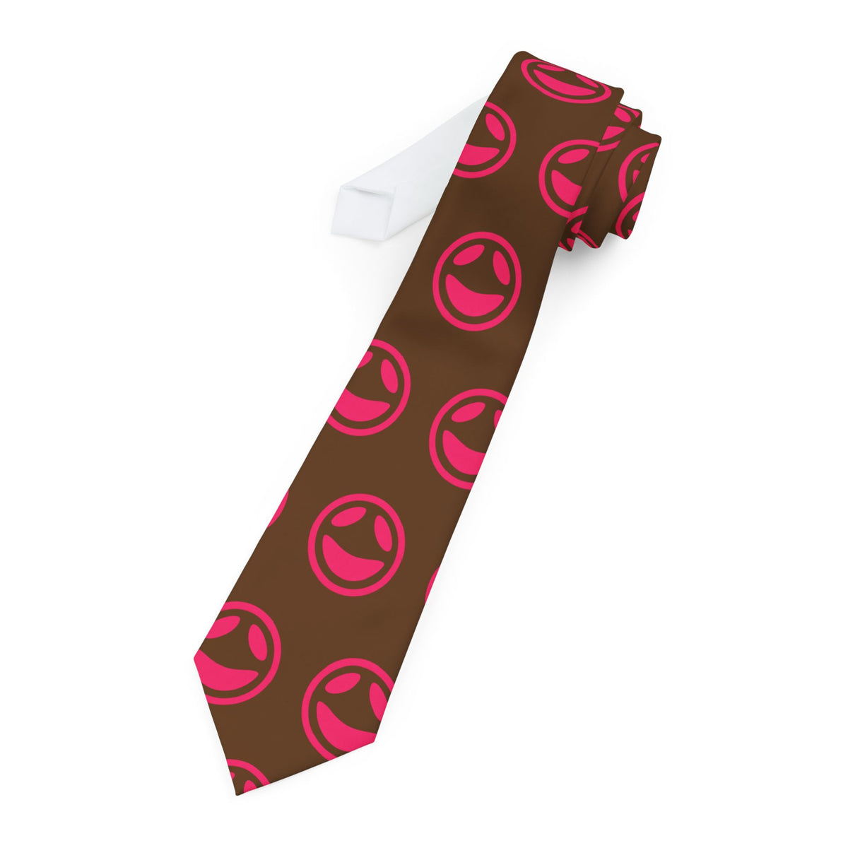 Slim brown necktie with repeating small smiley dot pattern, alternate view