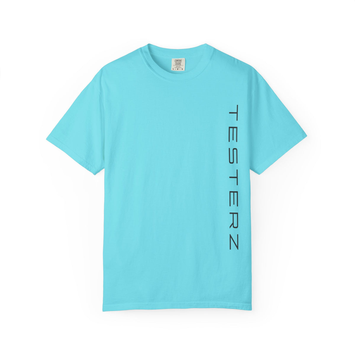 Heavyweight tee with a small green Testerz Face on the chest, alternate view