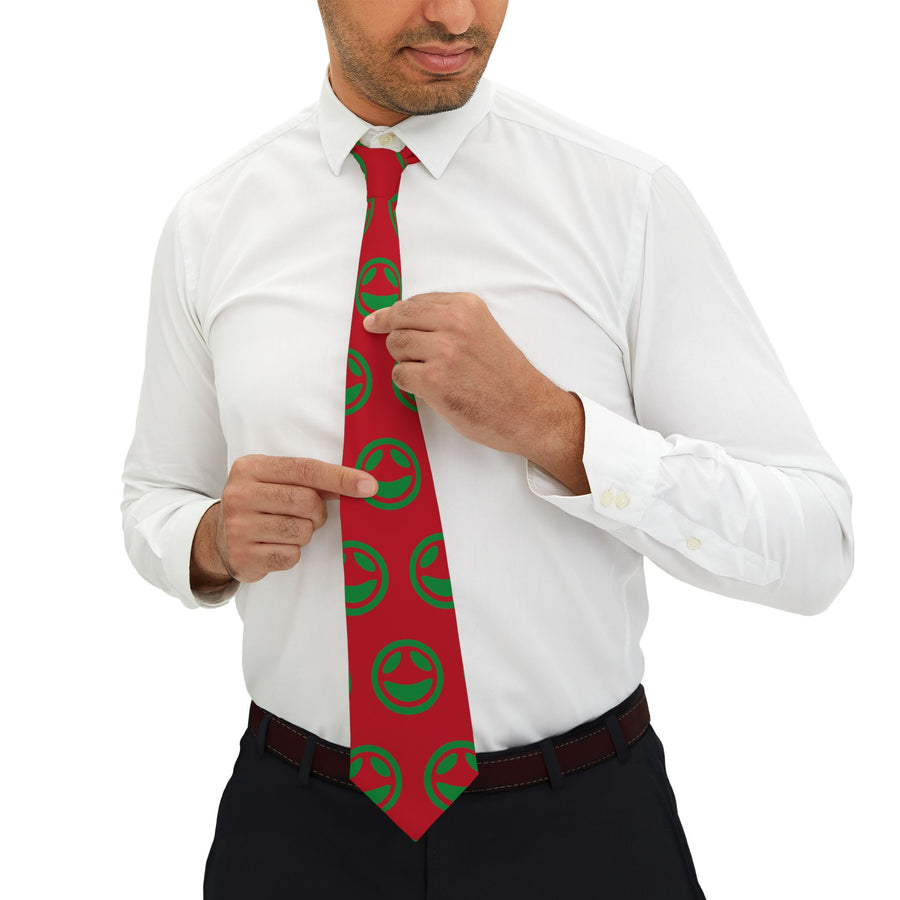 Slim red necktie with repeating small smiley dot pattern