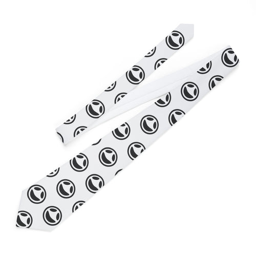 Slim black satin necktie with repeating Testerz Face pattern