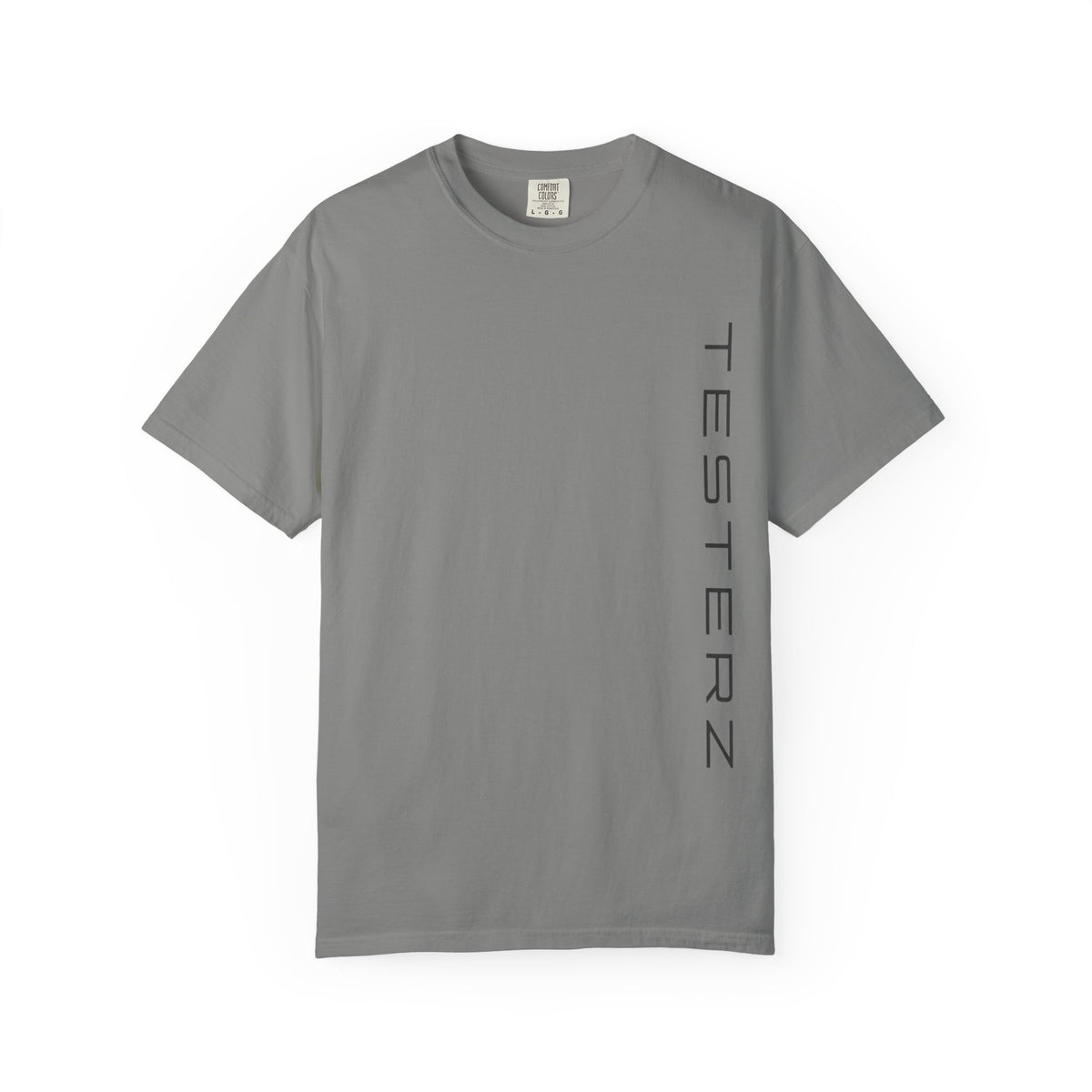 Heavyweight tee with a small green Testerz Face on the chest, alternate view