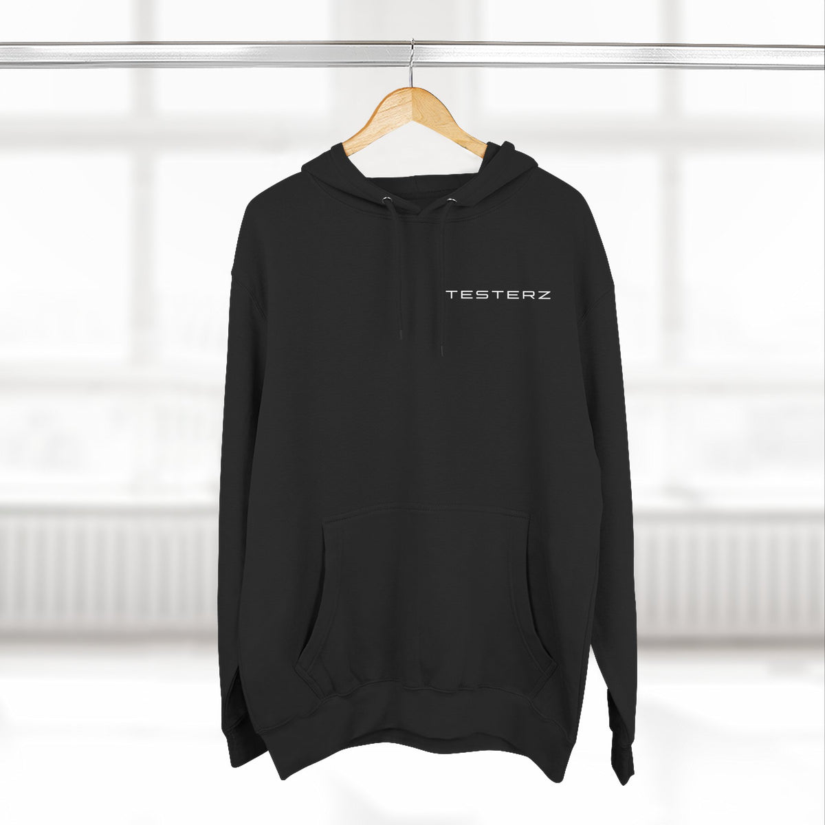 Black fleece hoodie with Testerz Face print on the back, alternate view