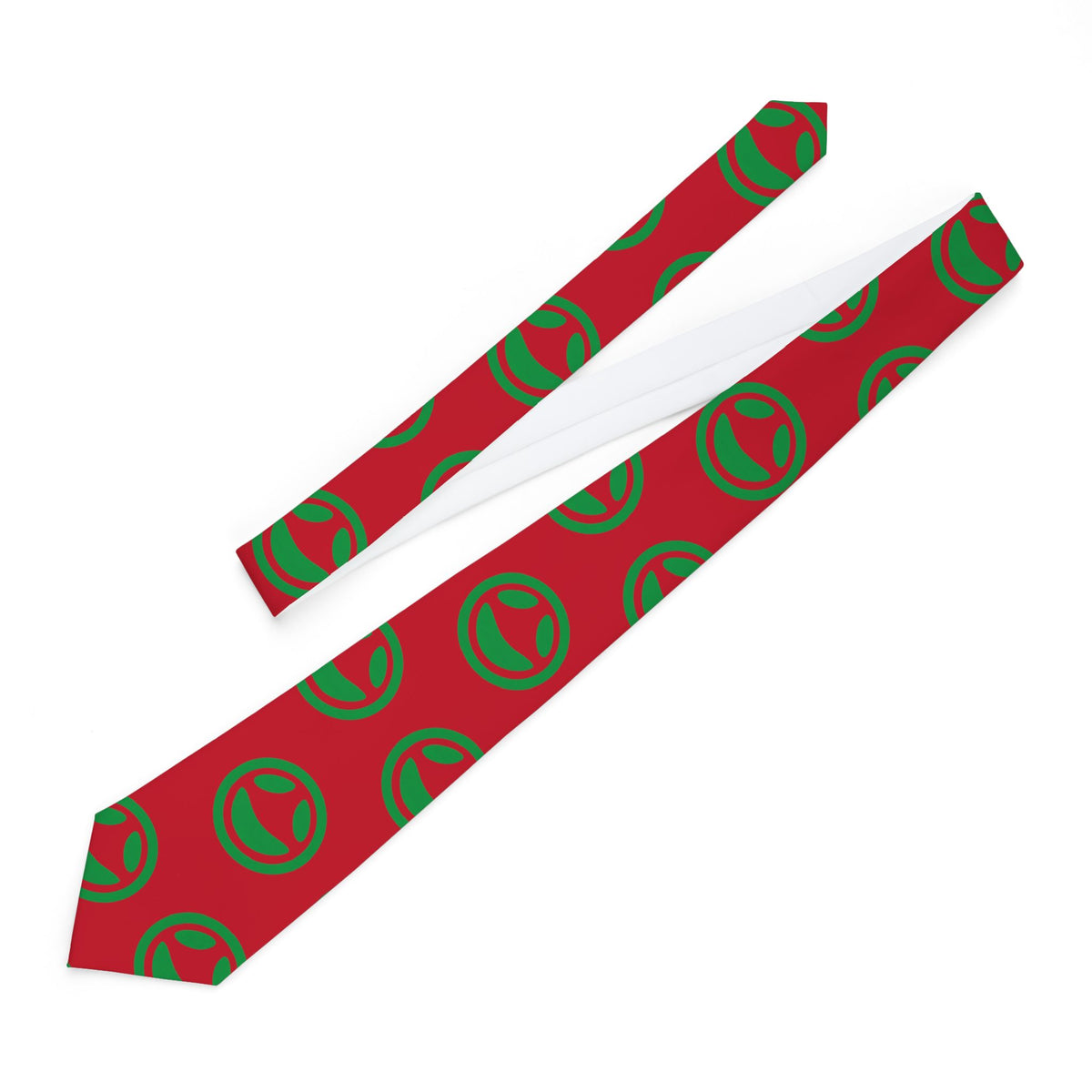 Slim red necktie with repeating small smiley dot pattern, alternate view