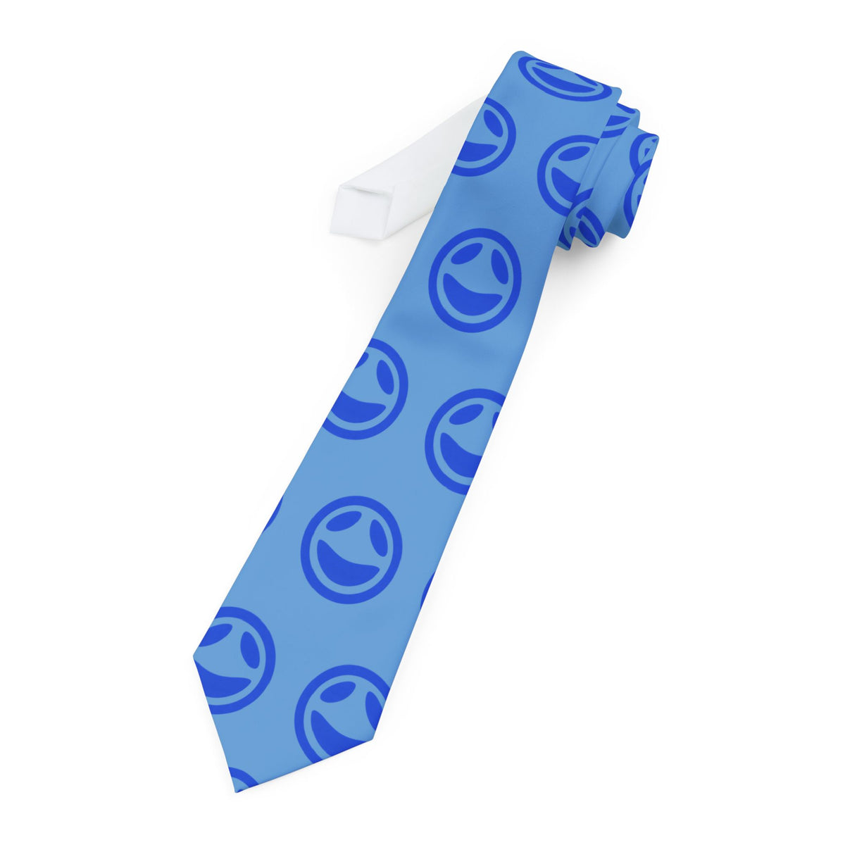 Slim light blue necktie with repeating small smiley dot pattern, alternate view