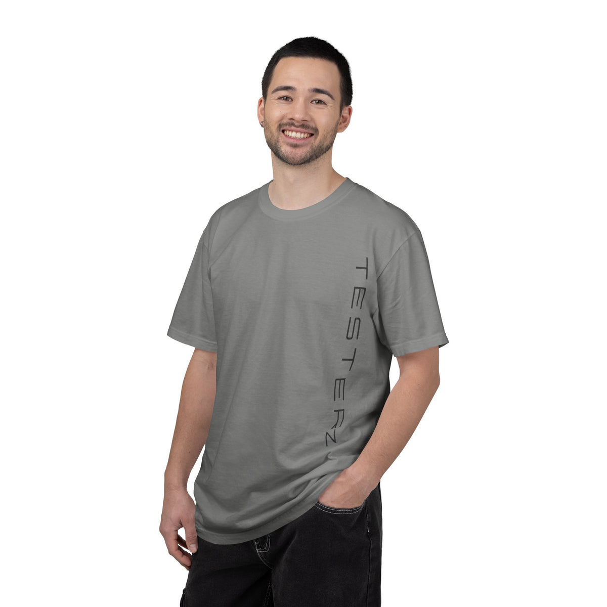 Heavyweight tee with a small green Testerz Face on the chest, alternate view