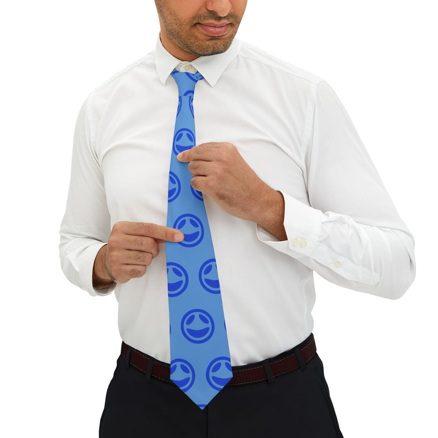 Slim light blue necktie with repeating small smiley dot pattern