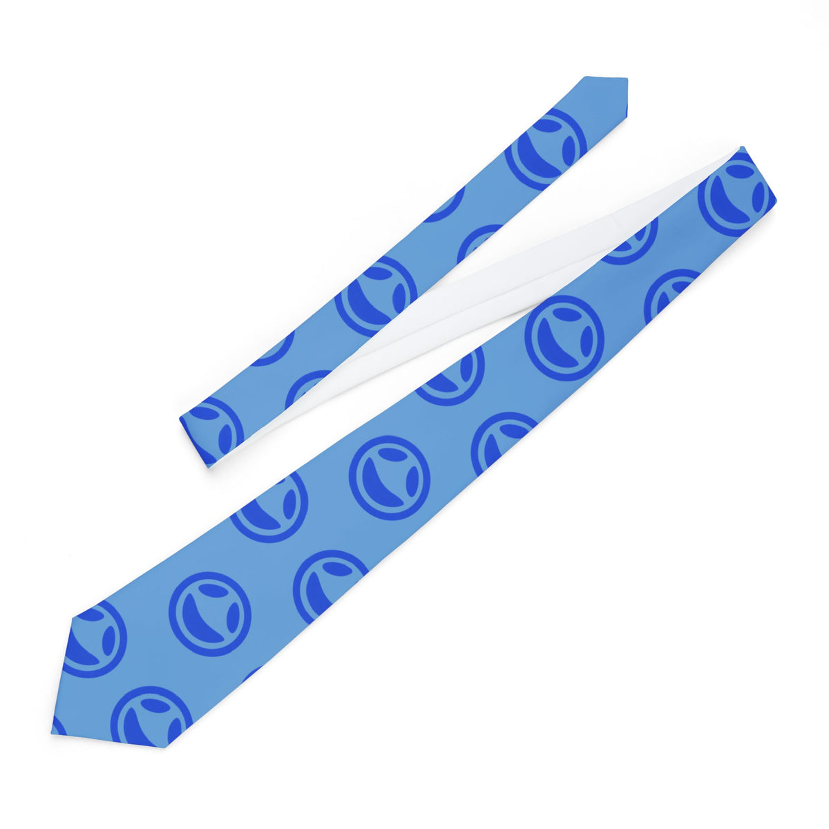 Slim light blue necktie with repeating small smiley dot pattern, alternate view
