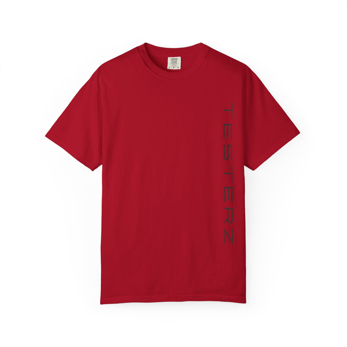 Heavyweight tee with a small green Testerz Face on the chest, alternate view