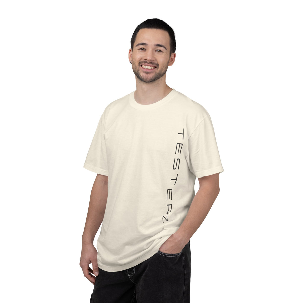 Heavyweight tee with a small green Testerz Face on the chest, alternate view