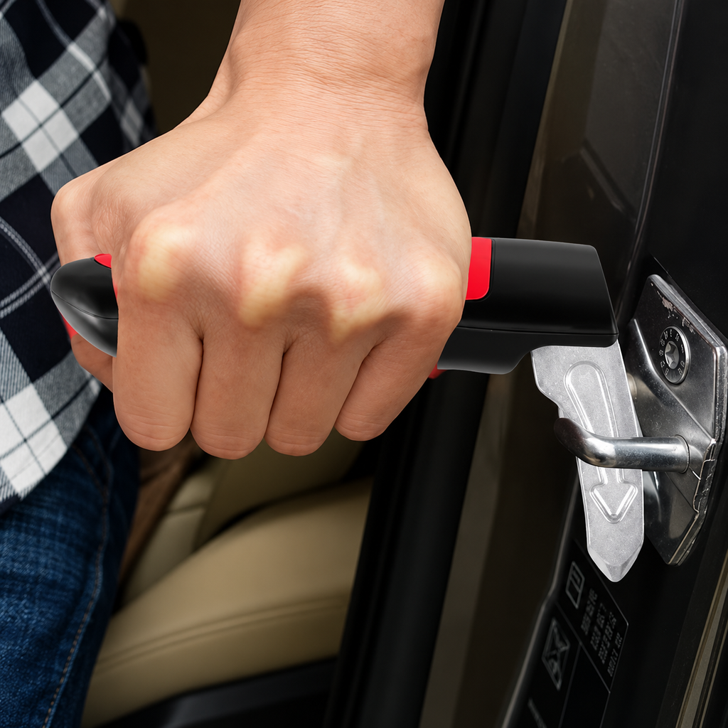 Pair of car door assist handles with built-in window breaker